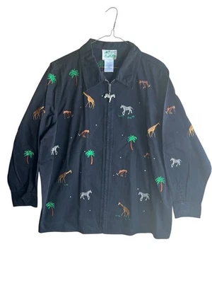 The Quacker Factory Safari Animals Embroidered Jacket Full Zip Plus Size 1X - Image 1 of 4