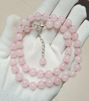 Colar de contas redondas de quartzo rosa natural, colar com nós à mão, joias boho - Imagem 1 de 4