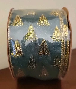 Nantucket Wired Edge Ribbon Green With Gold Christmas Trees 2"X 10 Yards New - Picture 1 of 7