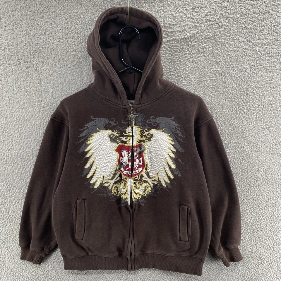 DE COLECCIÓN Avirex Sudadera con Capucha Niños Jóvenes Grande 16-18 Marrón Cremallera Completa Cresta Y2K Street 00s Foto 1 de 4