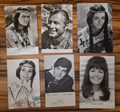 Karl May Autogramme Lex Barker Pierre Brice Marie Versini Winnetou Rüdel Karten - Bild 1 von 2