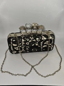 VTG 90s Black Lace Cream Crossbody Chain Strap Skull Knuckle Purse Goth Rock - Picture 1 of 17