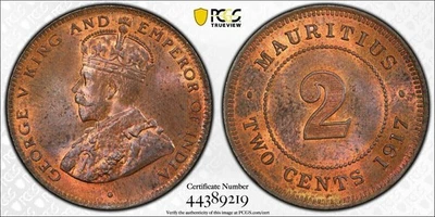 Mauricio británico, 1917 Jorge V dos centavos, 2 centavos. PCGS MS 63. De colección 250.000 Foto 1 de 4