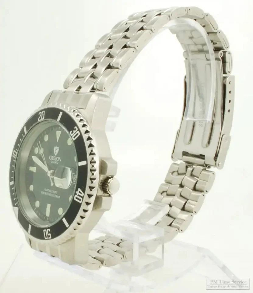Reloj de pulsera Croton cuarzo con fecha de ajuste rápido, caja WR en forma de cojín SS, con caja Foto 1 de 1