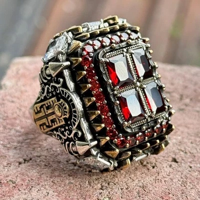 Turkish Handmade Large Ruby Stone Ring, Men Red Garnet Ring - Image 1 of 4