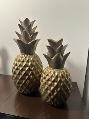 Set of Beautiful Gold Tone Ceramic Pineapple s Home Garden Decor 12" & 9" Tall - Image 1 of 4