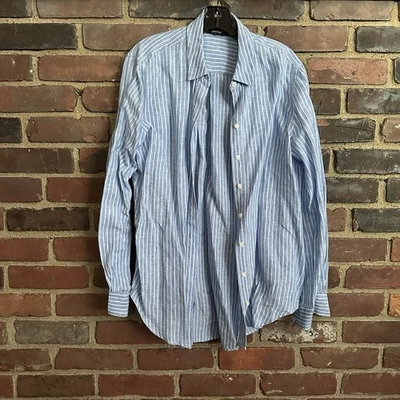 "Camisa Lord Taylor lino azul blanco rayas abotonada -44 pecho / 31"" largo" Foto 1 de 4