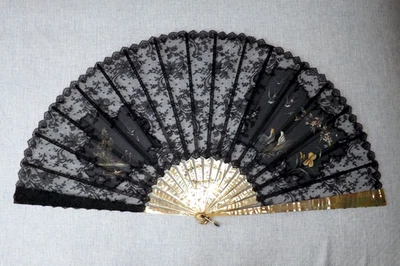 Large Antique Mother of Pearl Hand Fan Hand Painted Black Lace Beautiful Nature - Image 1 of 4