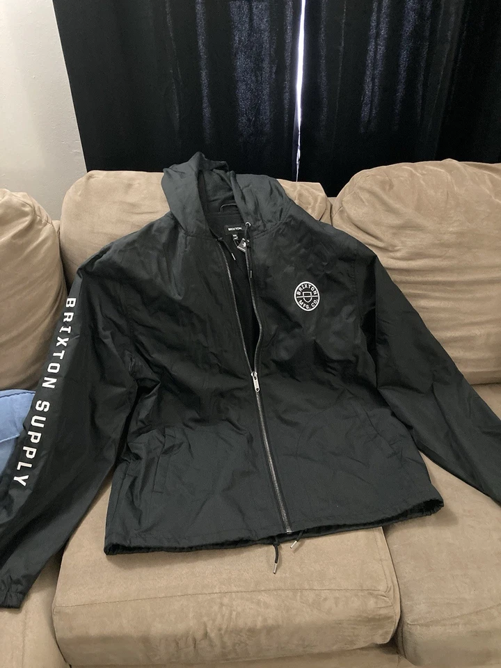 Brixton Jacket Black Gold White Print Light Windbreaker Hooded Full Zip Coat XXL - Image 1 of 1