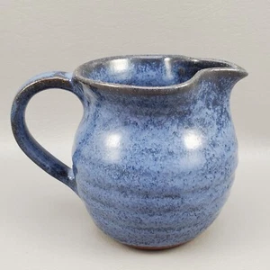 Art Studio Pottery Creamer Pitcher Syrup Redware Ringed Glaze Cobalt Blue Signed - Picture 1 of 12