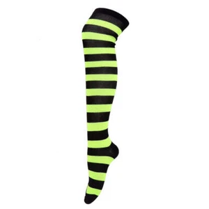 Striped Patterned Socks (Thigh High) Lime Green and Black - Picture 1 of 2