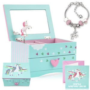 Girls Musical Unicorn Jewellery Box With Charm Bracelet Kids Wooden Xmas Gift - Picture 1 of 17