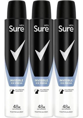 Sure Men Invisible Ice Fresh Anti-Perspirant Aerosol deodorant 48hr 200ml x 3