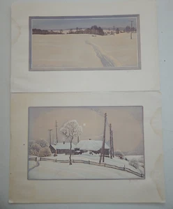 2 Farblithographien Russland Winter Kleine Ansiedlungen Pferdeschlitten Skifahre - Picture 1 of 7