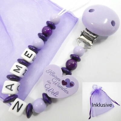 GIFT-STORE24 Schnullerkette mit Namen, lila, flieder, kleines Wunder, Herz, Mädchen, Baby