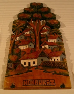 Hand-Carved Honduras Wood Art Wall Hanging – Village Scene Folk Art – Repaired - Picture 1 of 6
