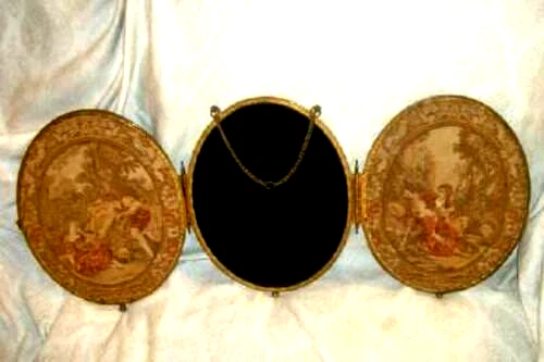 Tapiz francés de bronce de la década de 1880 espejo triple romántico parejas colgar sentarse antiguo Foto 1 de 4