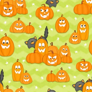 Halloween Fabric | Haunting We Will Glow Cat Pumpkin Green | Henry Glass YARD - Picture 1 of 1