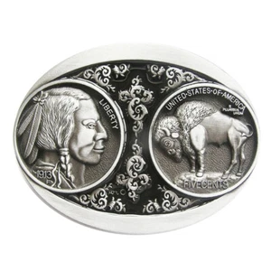 Vintage US 5 Cent Buffalo Nickle Indian Western Black Enamel Metal Belt Buckle - Picture 1 of 1