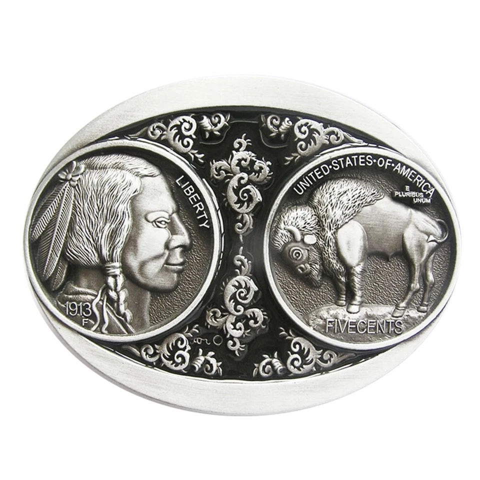 Vintage US 5 Cent Buffalo Nickle Indian Western Black Enamel Metal Belt Buckle - Image 1 of 1