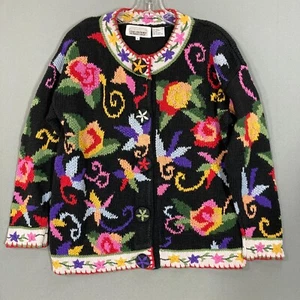 Vintage Hand Knit Floral Black Grandma Cardigan Size M Cottagecore Boho Art 90s - Picture 1 of 11