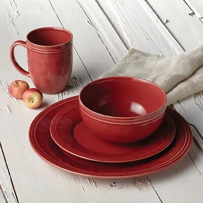 Red Dinnerware Set Stoneware Round 16 Piece Dinner Plate Bowl Mug Family Service - Image 1 of 4