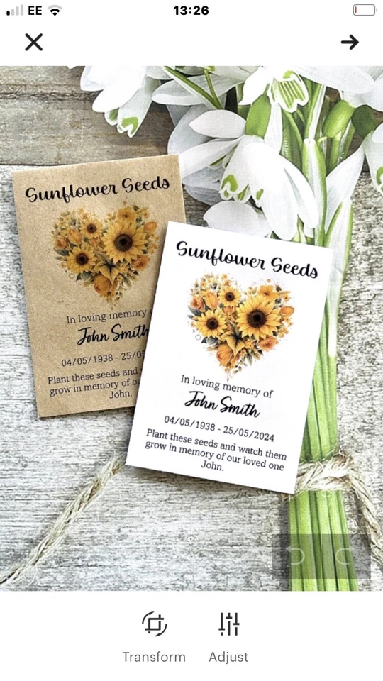 100 X Personalised Funeral Favours Seed Packets Sunflowers Memorial NO SEEDS - Image 1 of 1
