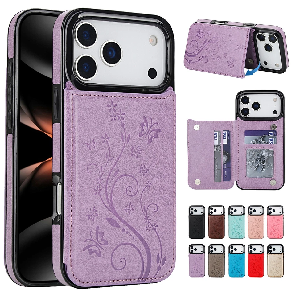 Magnetic Leather Card Wallet Case For iPhone 17 Air 16 15 14 13 Pro Flower Cover - Image 1 of 4