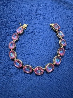 Gold Plated Sterling Silver Oval Pink Topaz Link Tennis Bracelet, 8in Long - Imagem 1 de 4