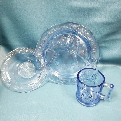 Juego de 3 platos de bebé vintage Indiana azul tiara de vidrio madre ganso  Foto 1 de 4