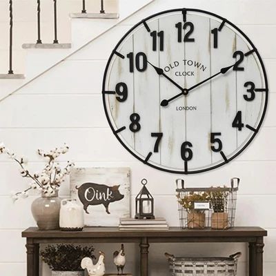 Large Old Town Farmhouse Wall Clock – 24 Inches Rustic Antique Wood with Meta... - Image 1 of 4