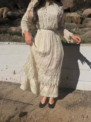Insanely Intricate Irish Crochet Antique 1900S Wedding Dress ￼ - Image 1 of 4