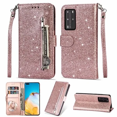 Case For Huawei P20 P30 P40 Pro Lite Mate Glitter Zipper Wallet Card Stand Cover - Image 1 of 4