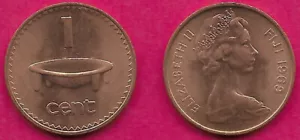 FIJI 1 CENT 1969 UNC TANOA KAVA BOWL DIVIDES DENOMINATION,ELIZABETH II YOUNG BUS - Bild 1 von 1