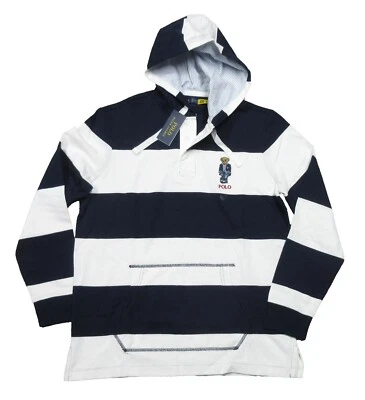 Polo Ralph Lauren Para Hombre Azul Marino/Blanco Rayas Polo Oso Rugby Capucha Henley Camisa Foto 1 de 3