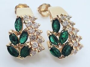 14k Yellow Gold 22 Diamond .75 Carat 10 Marquise Emerald Stud Earrings 5.2 Grams