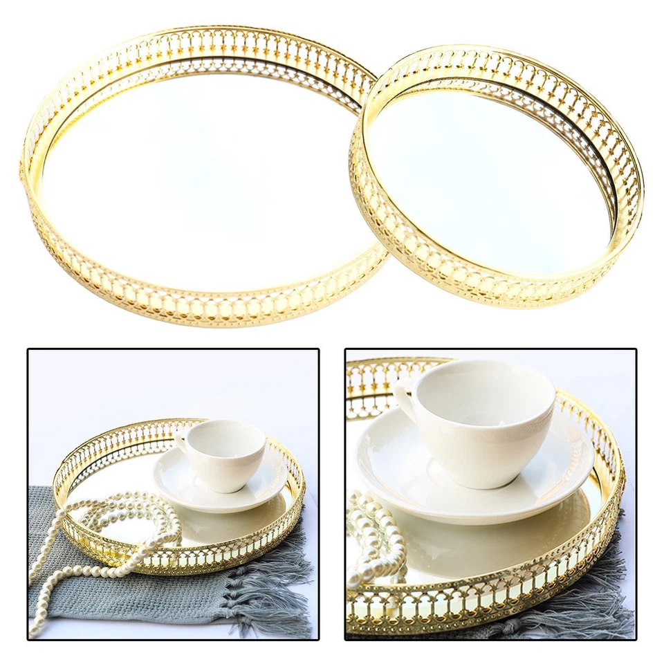 Golden Mirrored Tray Ornate Wedding Table Centre Candle Plate Chic Gift - Image 1 of 1