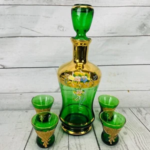 Vintage Green Czech Bohemian Decanter & Glass Set Hand Painted Gold Trim Floral - Picture 1 of 16