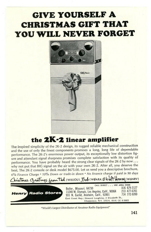 QST Ham Radio Magazine Ad For Christmas...the 2K-2 Linear Amp. from HENRY(12/67) - Image 1 of 1