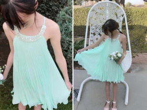 Mint Pleated Chiffon Rhinestones Dress - Picture 1 of 12