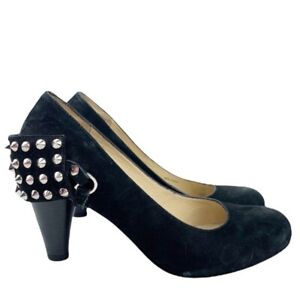 Be & D New York Heels Women 38 Black Suede Leather Studded Back Cone Pumps