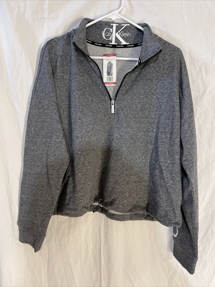 CK Calvin Klein Crop Long Slv Fleece Pullover Gray Women's Sz XL