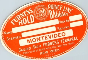 FURNESS PRINCE LINE TO MONTEVIDEO OLD STEAMSHIP TRAVEL LUGGAGE BAGGAGE LABEL - Picture 1 of 1