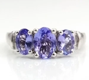 Sterling Silver 3 Oval Cut Purple Tanzanite & Diamond Ring Size 7 FZ - Picture 1 of 5