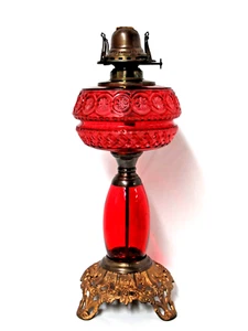 ANTIQUE EAPG OIL LAMP WITH CRANBERRY FONT AND STEM - Picture 1 of 15