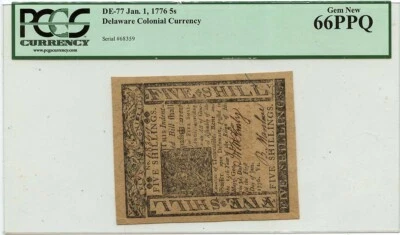 1776 January 1, 5s Delaware Colonial Note FR#DE-77 PCGS GEM 66 PPQ - Image 1 of 2