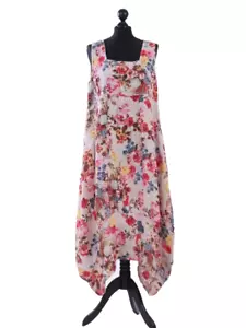 Italian Lagenlook Dress Linen Floral Sleeveless Square Neck One Size UK 10-16 - Picture 1 of 16