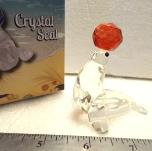 Vintage New Art Glass Crystal Seal Figurine Balancing RED Ball on Nose NIB - Picture 1 of 4