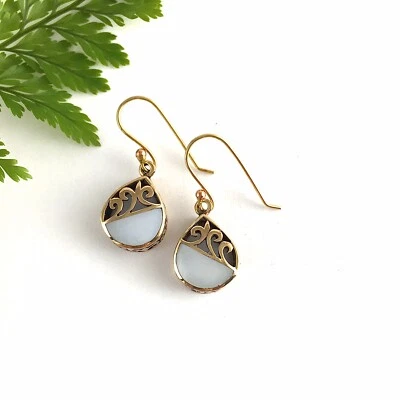 Pretty Teardrop Shape Gold Earrings with Mother of Pearl & Filigree Design - image 1 of 3