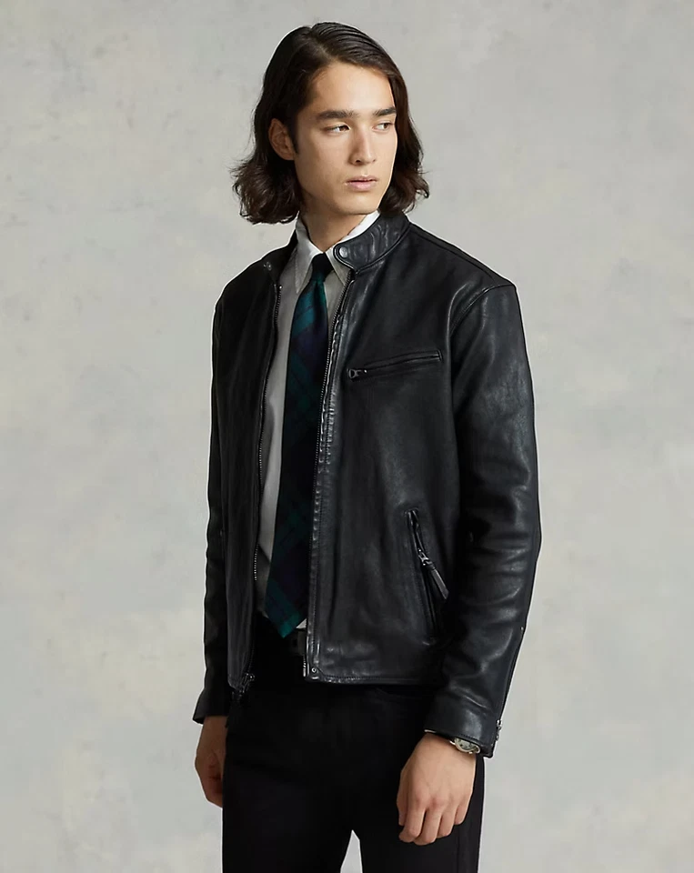 Nueva Chaqueta de Motociclista Polo Ralph Lauren Café Racer Cuero de Oveja Negra Talla Pequeña Foto 1 de 4